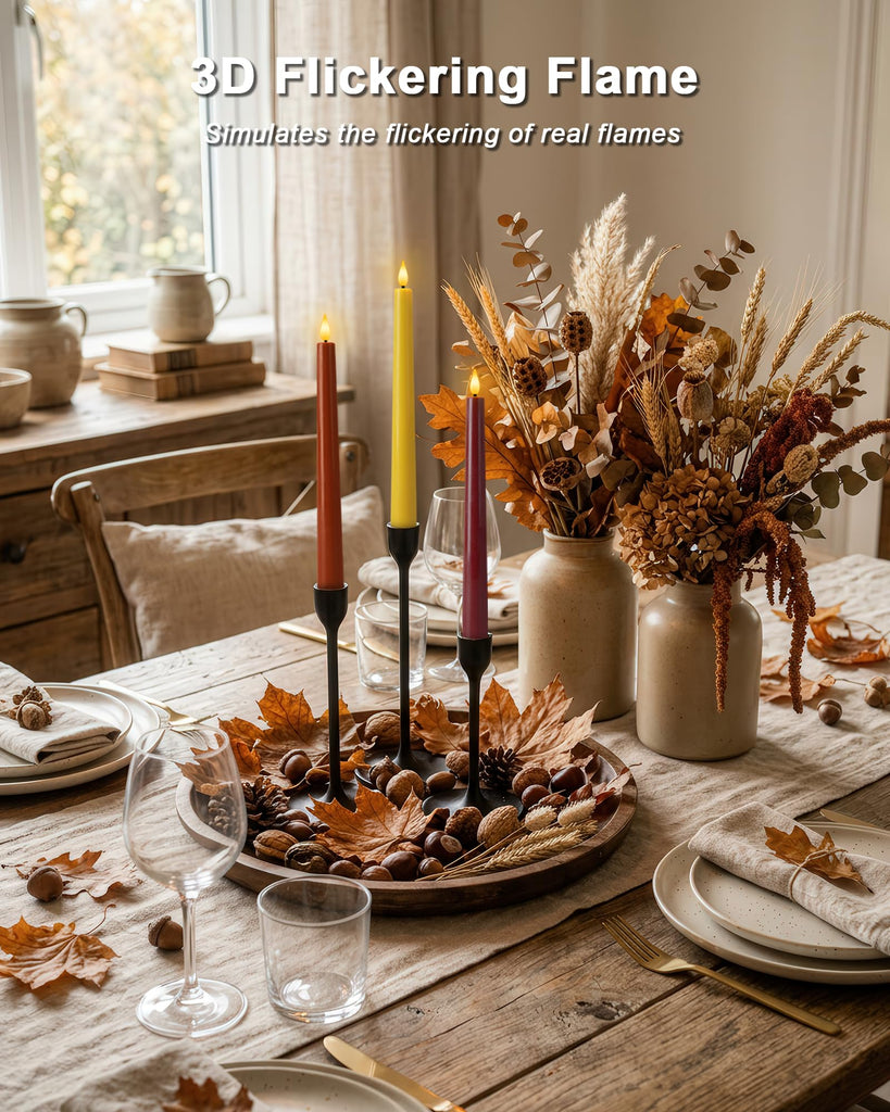 Real Wax Flameless Taper Candles, 9.6 Inch Warm Fall Colors Battery Operated LED Candlesticks 3 Pcs with Remote Timer