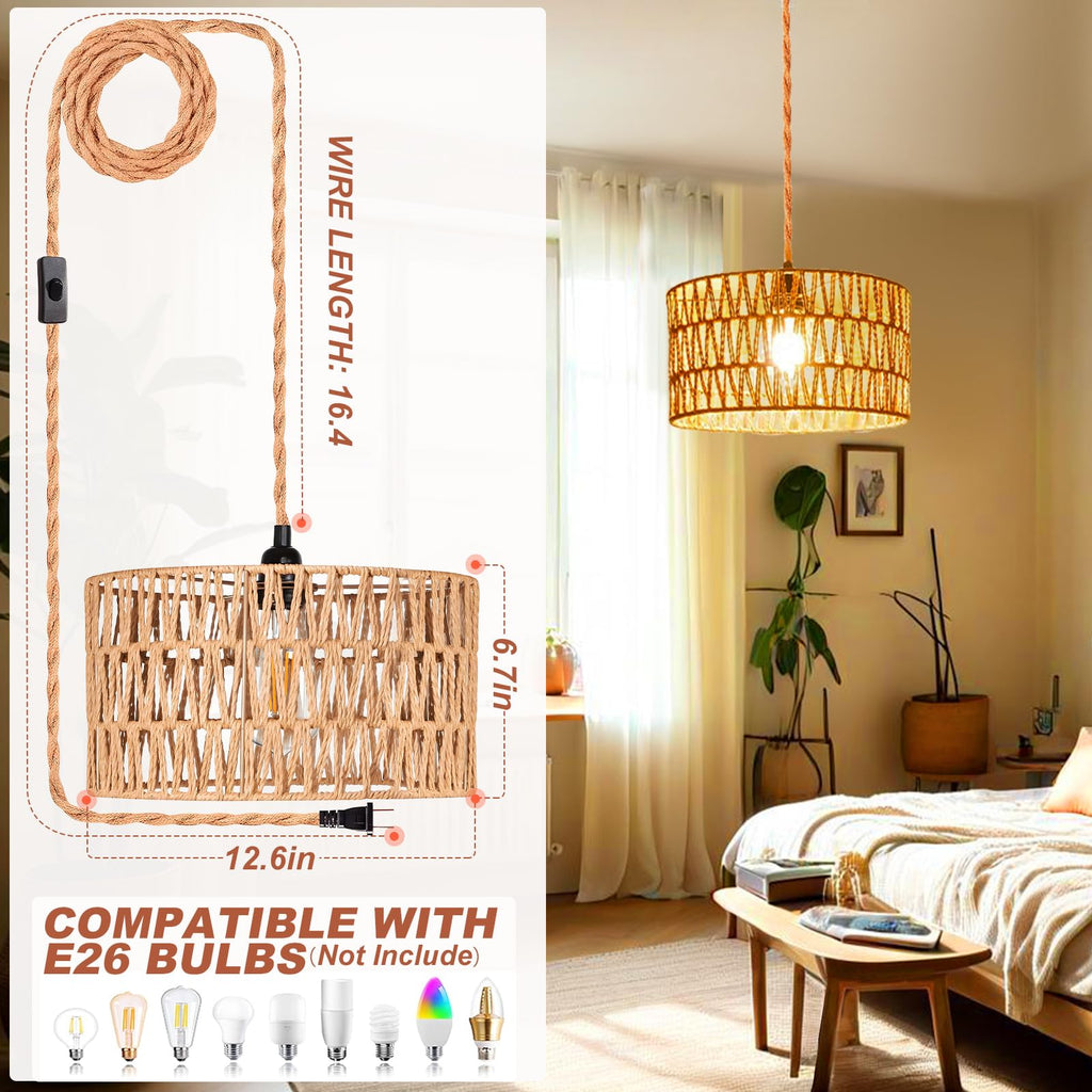 Plug in Pendant Light, Rattan Hanging Lights with Plug in Cord, Handmade Hanging Lamp Plug in, Rattan Light Fixtures