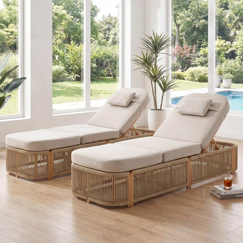 Outdoor Chaise Lounge Chairs Set of 2, 5-Position Adjustable Patio Reclining Lounge Chairs with Cushion, All-Weather