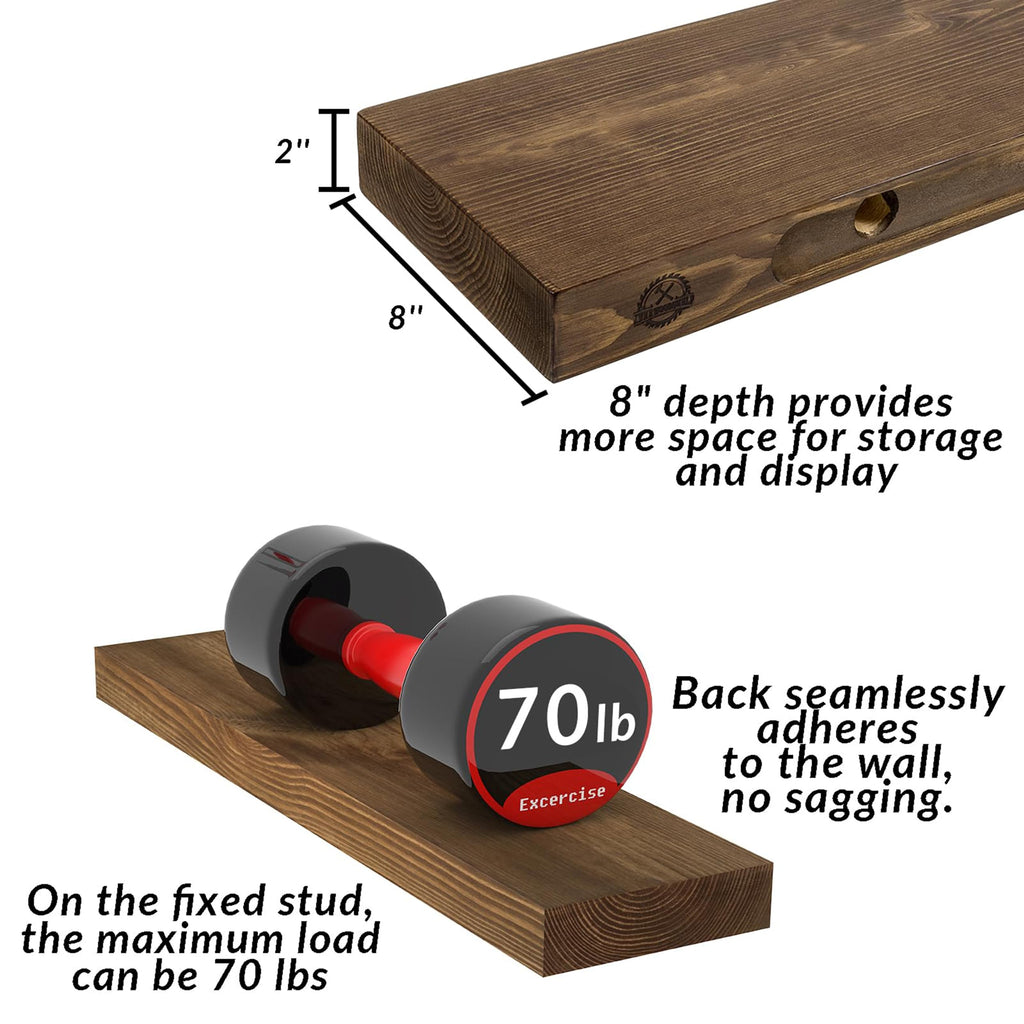 60 Inch Floating Shelves, 8-Inch Deep High-End Solid Wood Long Floating Shelves for wall Set of 2, Rustic Walnut Wall