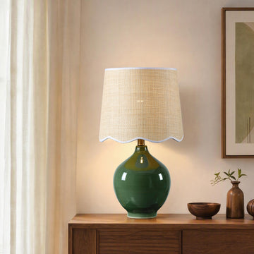21"H Olive Green Ceramic Table Lamp with Beige Faux Rattan Drum Shade