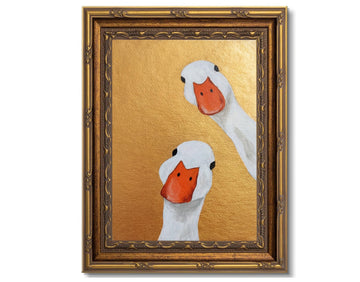 Vintage Gold Framed Funny Goose Canvas Wall Art Curious Ducks Peeking Wall Decor Picture Whimsical Farmhouse Animal