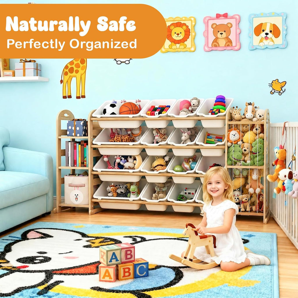 Large Toy Storage Organizer with 16 Bins, 3-Shelf Bookshelf, White | Toy Organizers with Stuffed Animal Storage