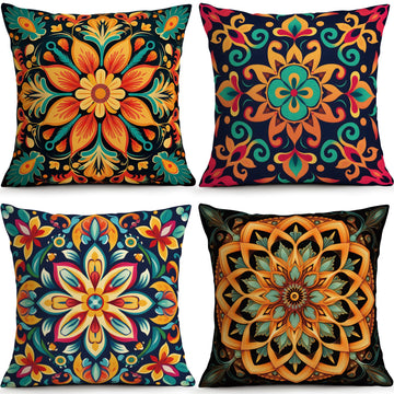Bohemian Floral Mandala Pillow Covers Set of 4, 18x18 Farmhouse Decor
