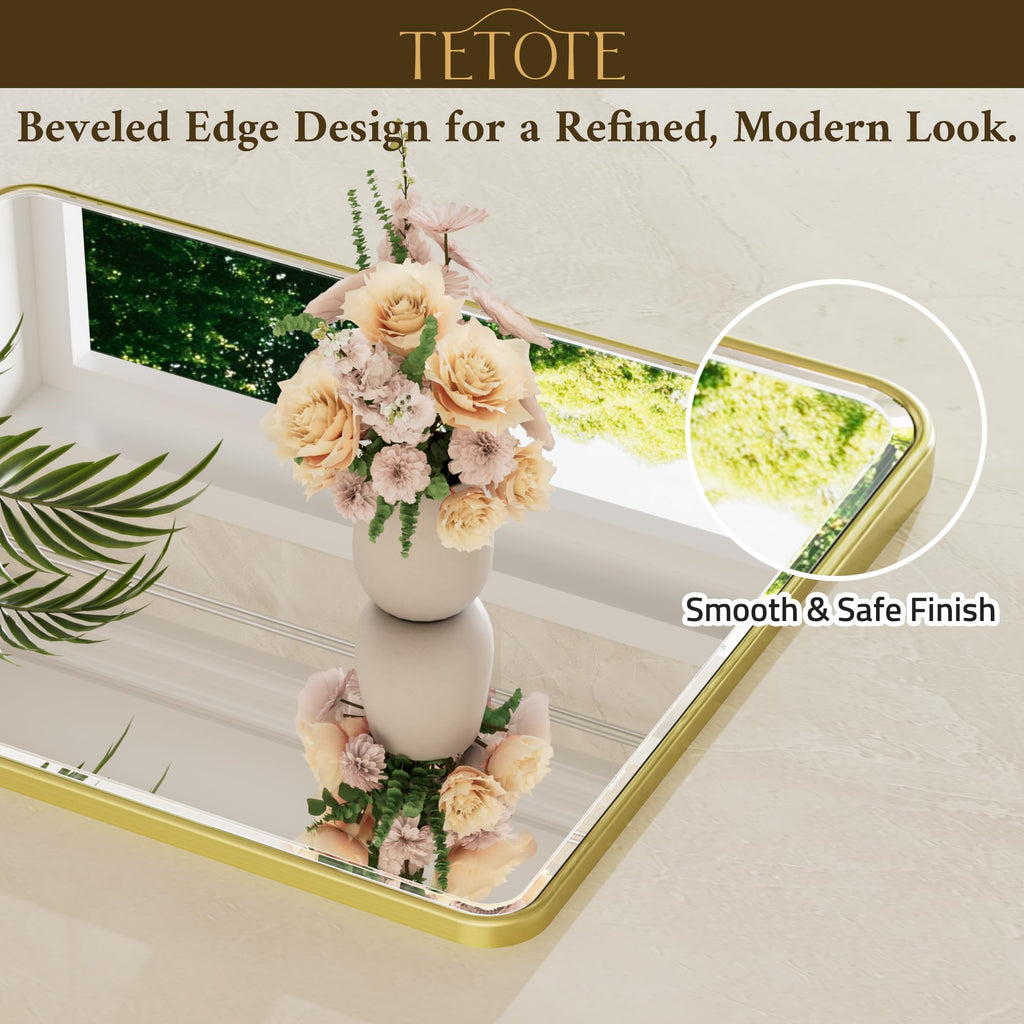 Brushed Gold Mirrors for Wall 30 x 36 Beveled Edge Tempered Glass, Rounded Corner Rectangle Framed Mirror for Modern