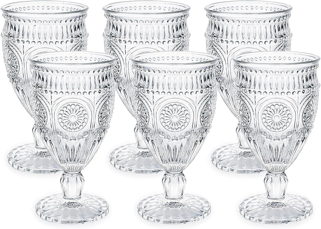 Vintage Goblet Glasses Set of 6, 10 oz Heavy-Duty Pressed Glass Water or Wine Glasses with Ornate Design for Dining