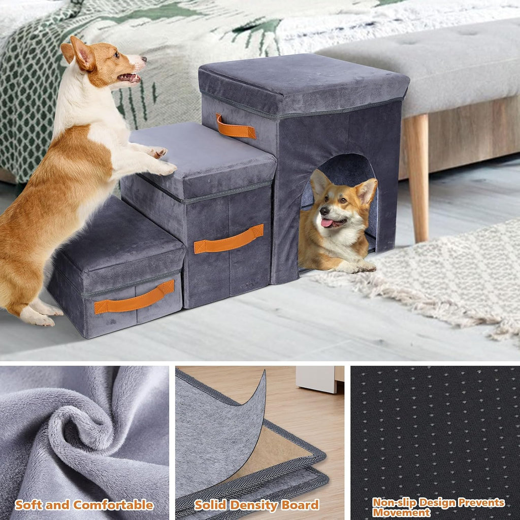 Foldable Dog Stairs for Bed, 3-Step Pet Stairs for Small Dogs