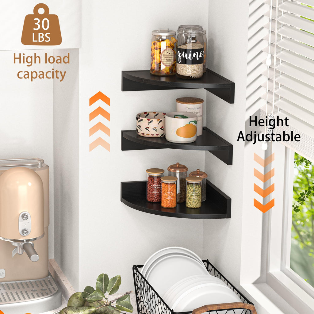 Corner Shelf Wall Mount, Wood Floating Corner Shelves, Corner Wall Shelf (Black, 3 Pack)