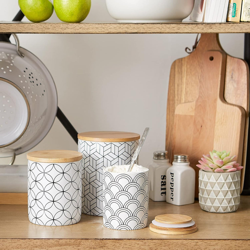 Kitchen Ceramics Collection, Canister Set, Mixed Print, White/Black - Set of 3