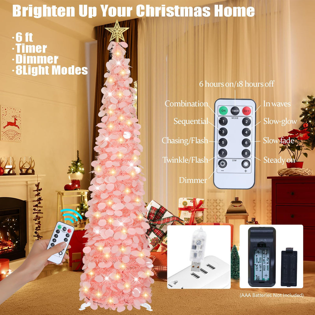 6 FT Pop Up Christmas Tree with 100 LED Timer Lights & Remote, Pink Collapsible Christmas Tinsel Tree Artificial