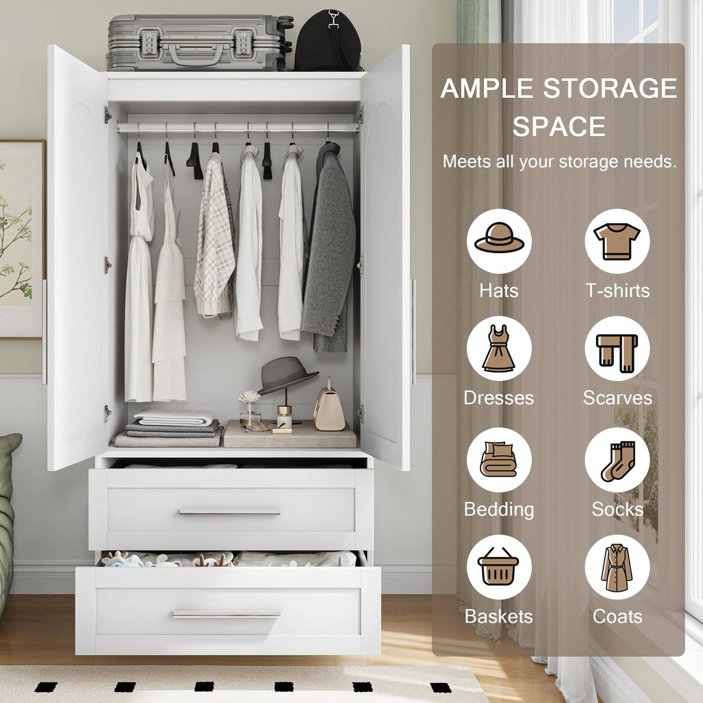Wooden Armoire Wardrobe Closet with 2 Doors and 2 Drawers, Bedroom Freestanding Armoire Storage Cabinet with