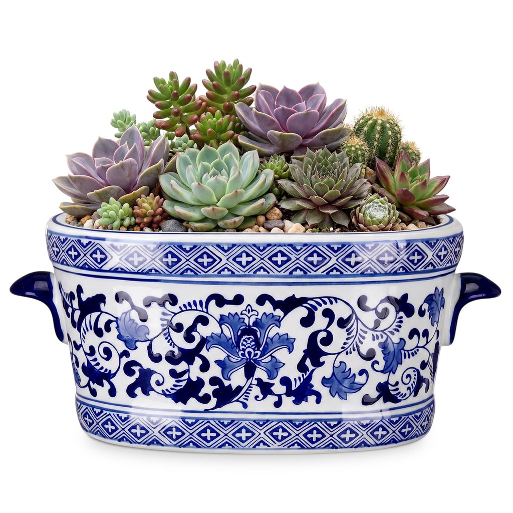 Blue and White Chinoiserie Ceramic Planter, Elegant