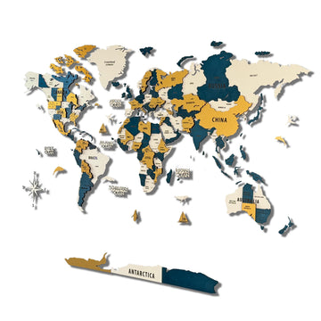 Layered 3D Wooden World Map Wall Art (XXL, Gold-Blue)