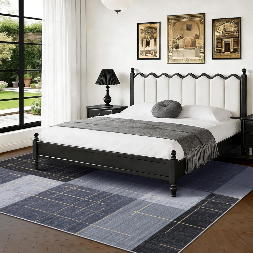 Washable Abstract Modern Area Rugs, Contemporary Geometric Checkered Rug Non Slip Low Pile, Blue and Grey White