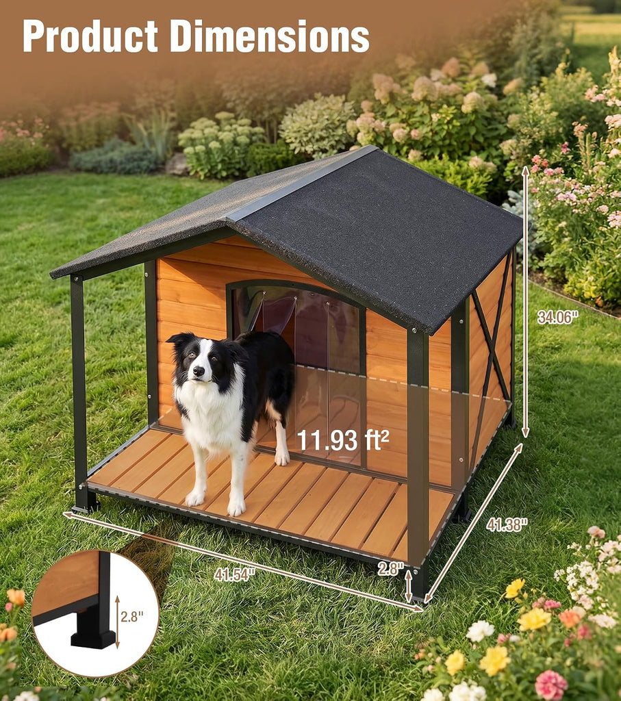 Extra Large Dog House Outdoor with Full Iron Frame and Covered Porch