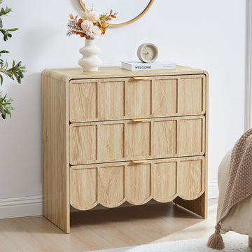 3 Drawer Dresser, Modern Closet Chest of Drawers with Wave Fluted Drawer, Wood Storage Small Dresser Organizer