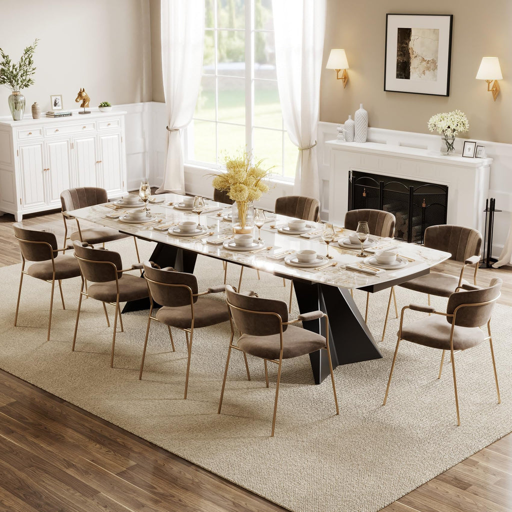 Extendable Dining Table with Leaf, 78"-110" Rectangular Sintered Stone, Marble-Look Top, Seats 6-14, Metal Base
