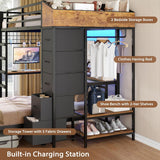 Bunk Bed Twin Over Twin with Hall Tree, Charging Station and LED Lights, L-Shaped Bunk Bed with Desk