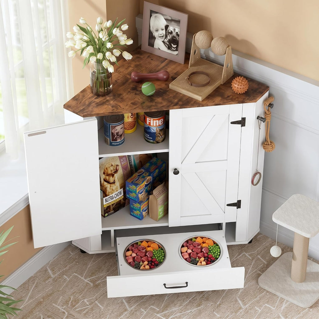 Corner Dog Food Storage Cabinet, Dog Feeding Station with 2 Hidden Bowls, Adjustable Panel, 4 Hooks, Pet Feeding