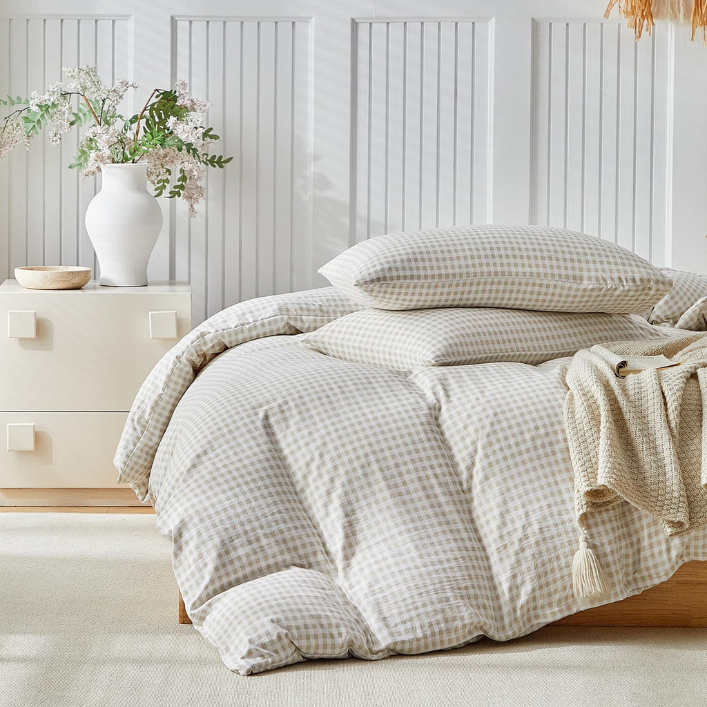 Gingham King Duvet Cover Set, Brown Tan Plaid Checkered Washed Microfiber Comforter Cover Set, 3 Pieces Soft