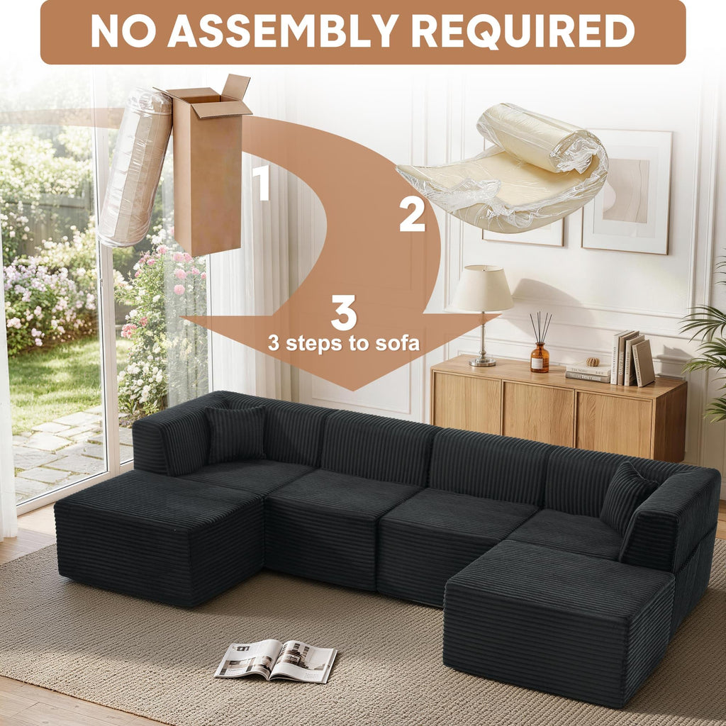 130" U-Shaped Boneless Couches with Chaise, Modular Sectional Sofa with Deep Seat, Cloud Sectional Couch Bedroom, No