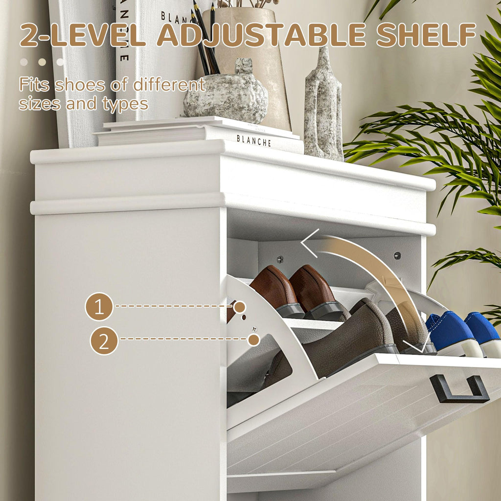 Narrow Shoe Cabinet with 2 Flip Drawers, Modern, White