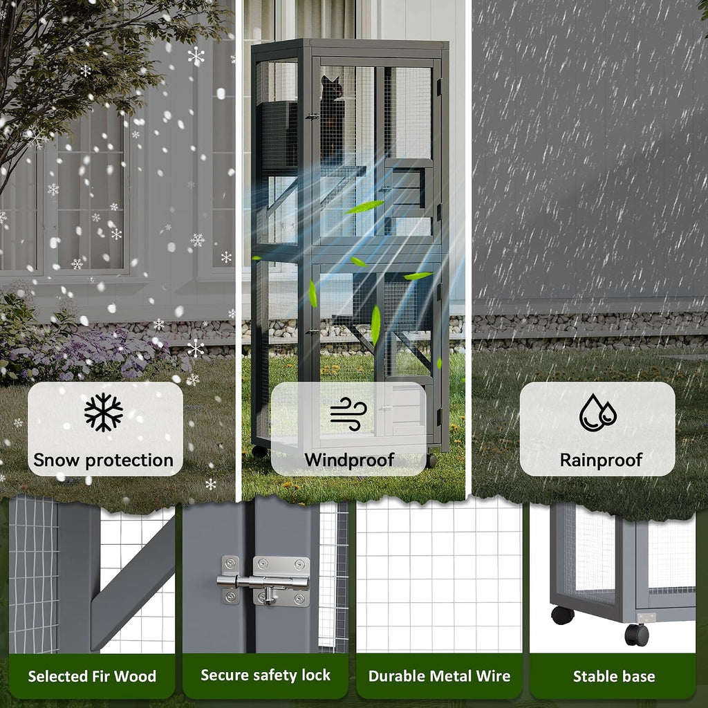 64Inch Catio Outdoor Cat Enclosure, Large Cat House Cat Patio, Grey