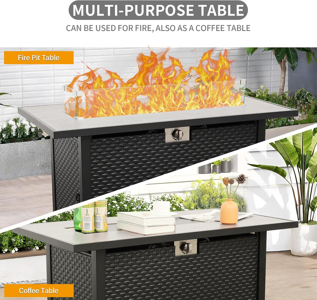 45 Inch Fire Table for Outside 60000 BTU Steel Gas Pit Outdoor with Woodgrain Marble Tabletop Glass Wind Guard Cover
