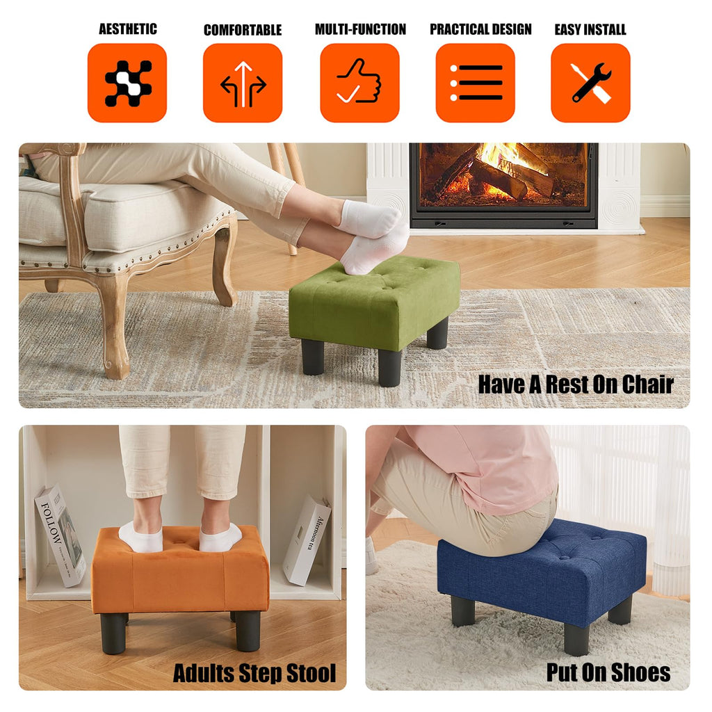 Small Foot Stool, Linen Foot Stools with Legs, Stable Small Footstool, Blue