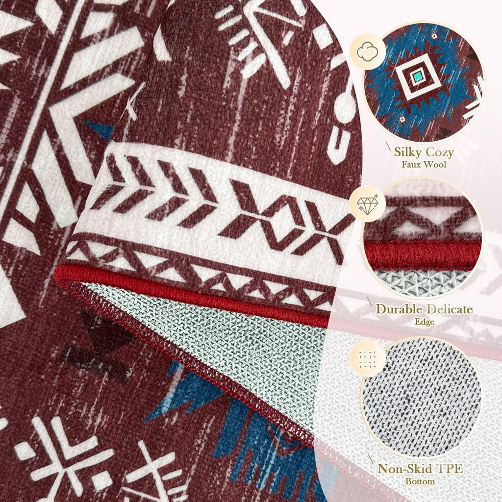 Western Rugs Non Slip, Southwestern Area Rugs Kitchen Bedroom Nursery, Washable Rubber Backing, Aztec Red