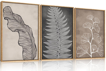 Botanical Neutral Framed Wall Art Set, Abstract Fern Leaf Canvas Wall Decor, Vintage Rustic Plant Wall Painting