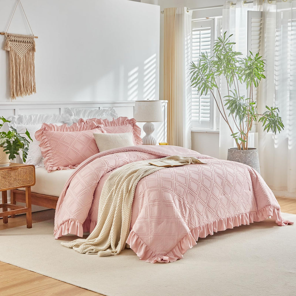 Tufted Ruffle Comforter Set Full/Queen Size, 3 Piece Blush Pink Ruffled Farmhouse Comforters, Luxury Solid Color Soft