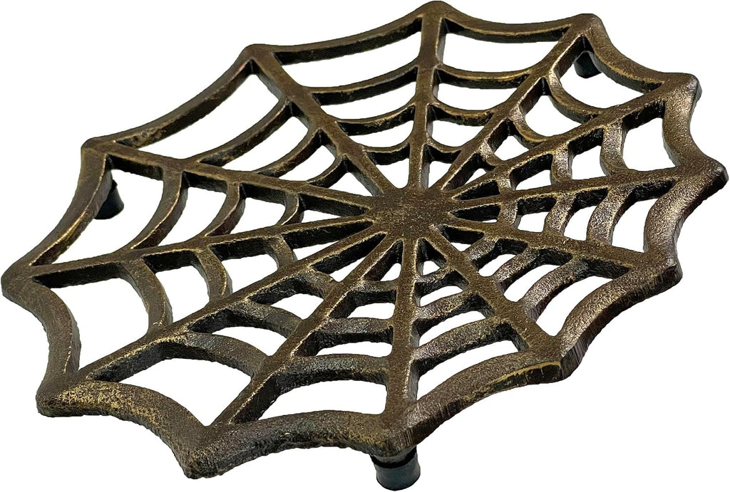 Cast Iron Trivet, Spider Web 8 Inch Bronze Gothic Hot Pad