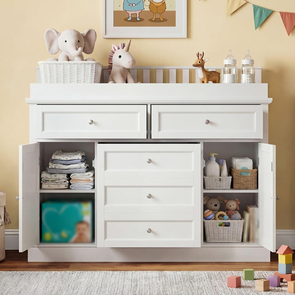 46" Baby Dresser with Changing Table Top, White Dresser with Storage Drawers and Doors , Multifunctional Nursery Baby