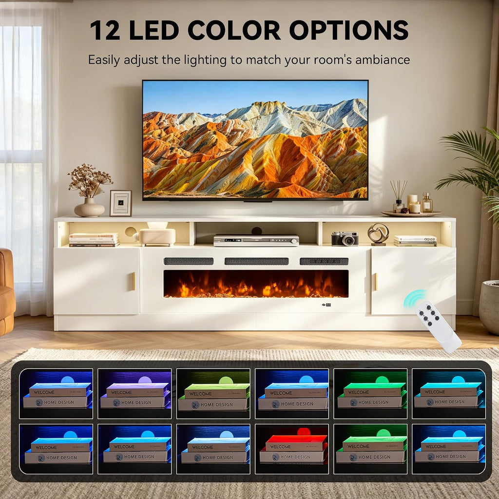80" Fireplace TV Stand with Power Outlet, Electric Fireplace Entertainment Center with Storage Cabinets, Fits TVs up