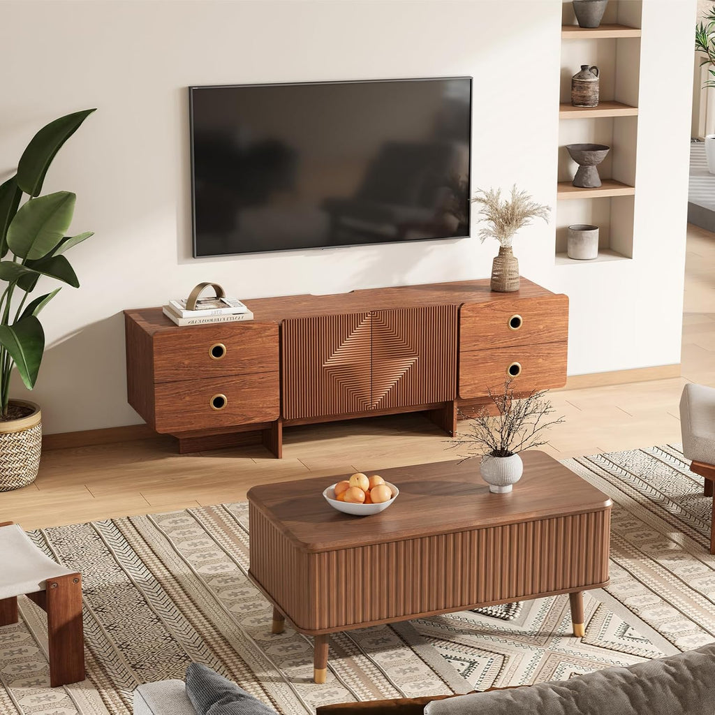 66" Fluted TV Stands for Living Room, Mid Century Modern TV Consoles for 75 inch TV, Entertainment Center with