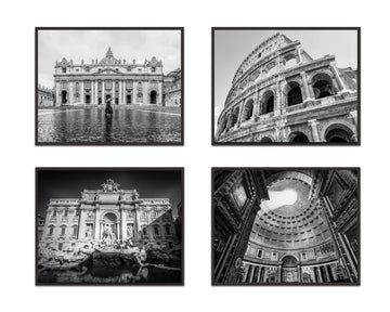 Black and White Rome Italy Photography Prints, Set of 4, UNFRAMED, St. Peters Basilica, Colosseum, Trevi Fountain