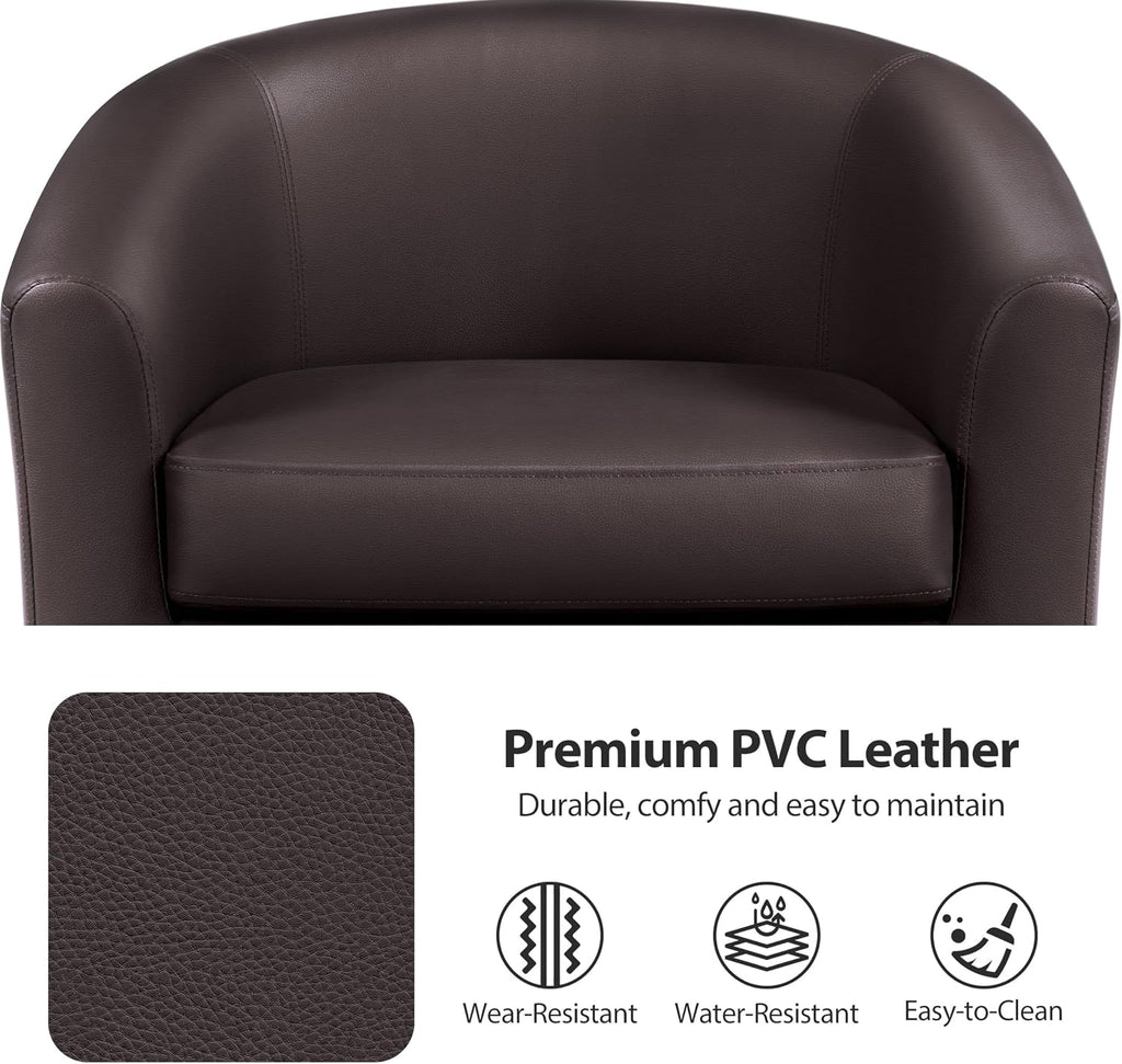 Accent Chairs, Faux Leather Barrel Armchairs Espresso - Set of 2