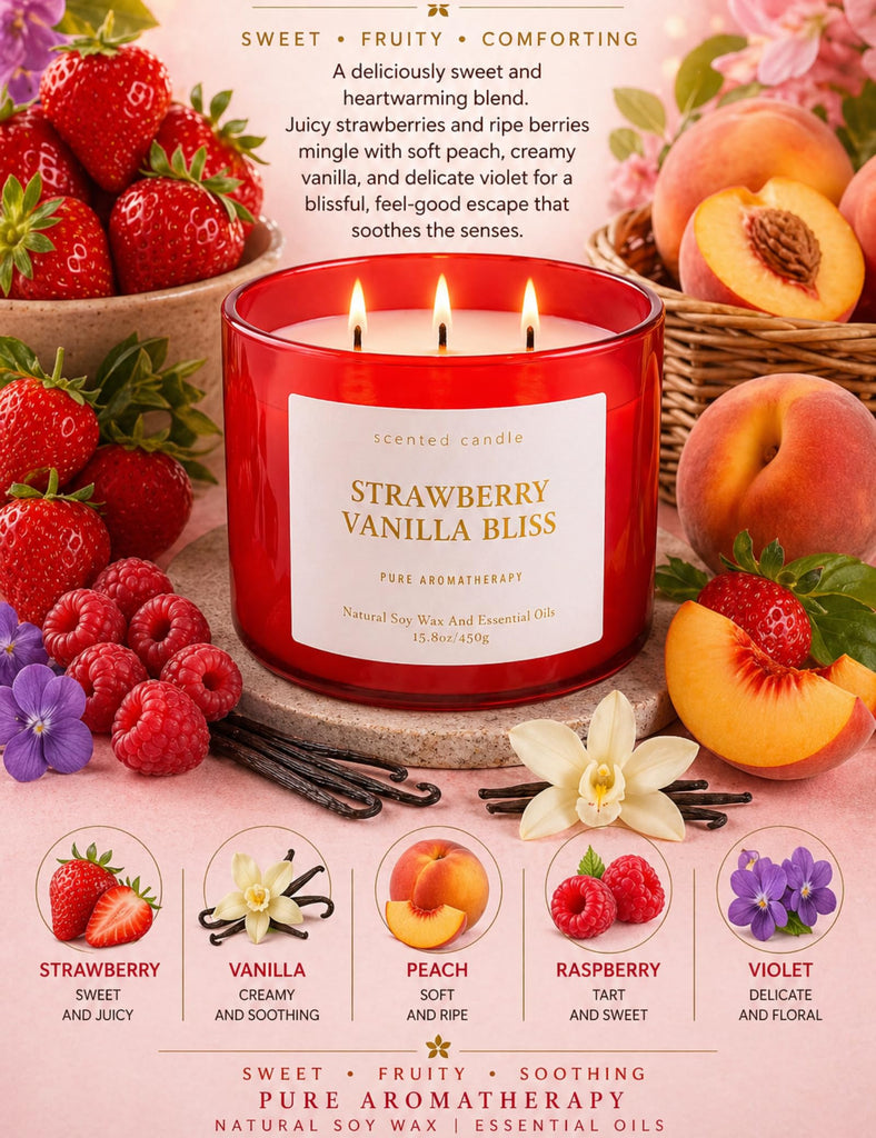 Strawberry Vanilla Bliss, 3-Wick Scented Soy Candle for Women, 15.8 Oz