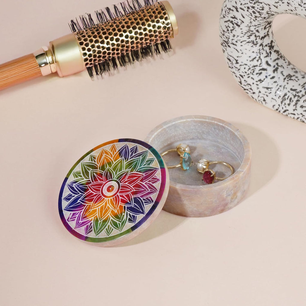 Small Jewelry Box Handmade Marble Soapstone Mandala Trinket Holder