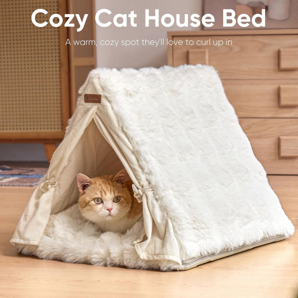 Cat Cave Bed, Sturdy Frame Washable Cat Tent Bed with Curtain