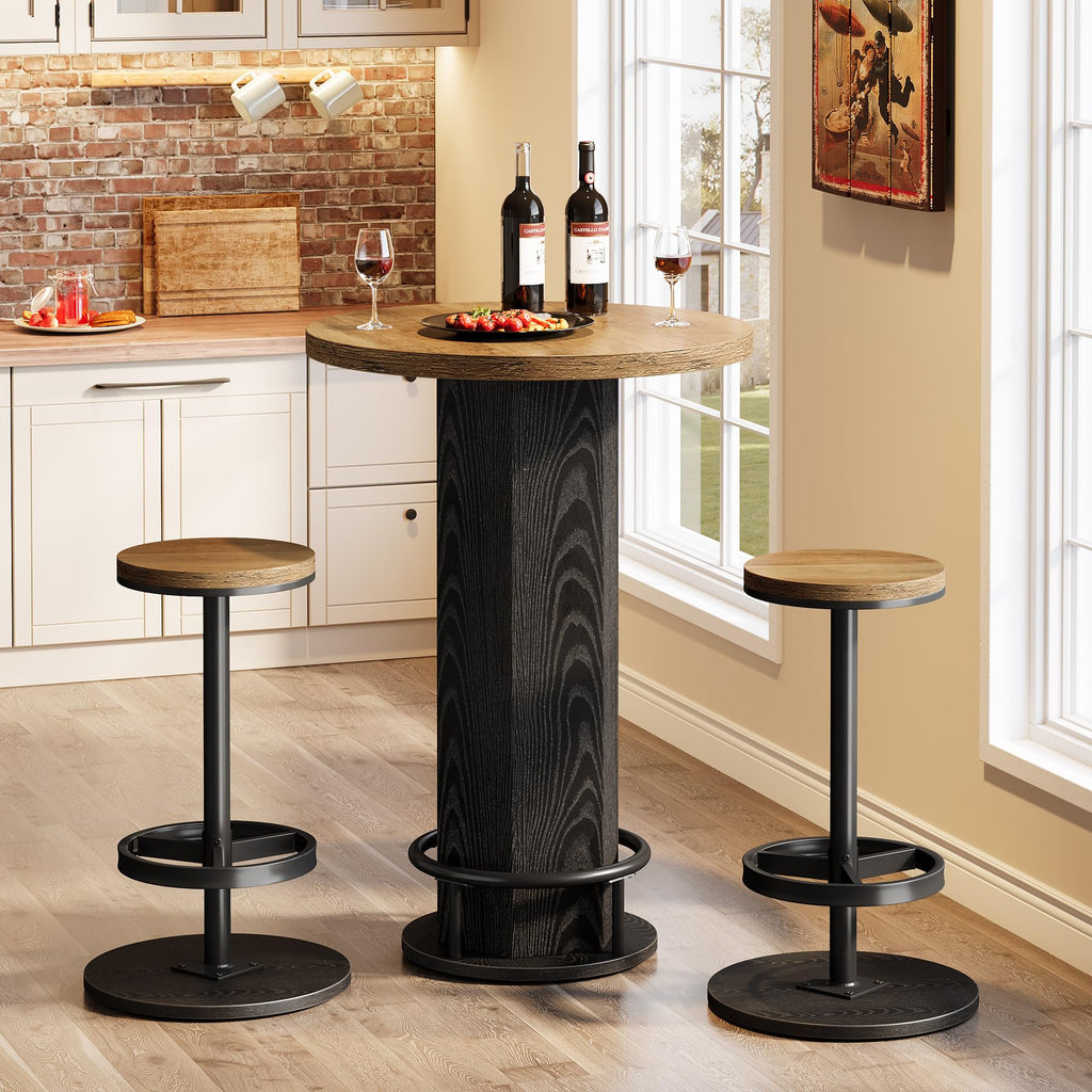 Round Bar Table with Chairs Set of 2, Industrial Bistro Sets with 2 barstools, Pub Cocktail Table with Metal Ring