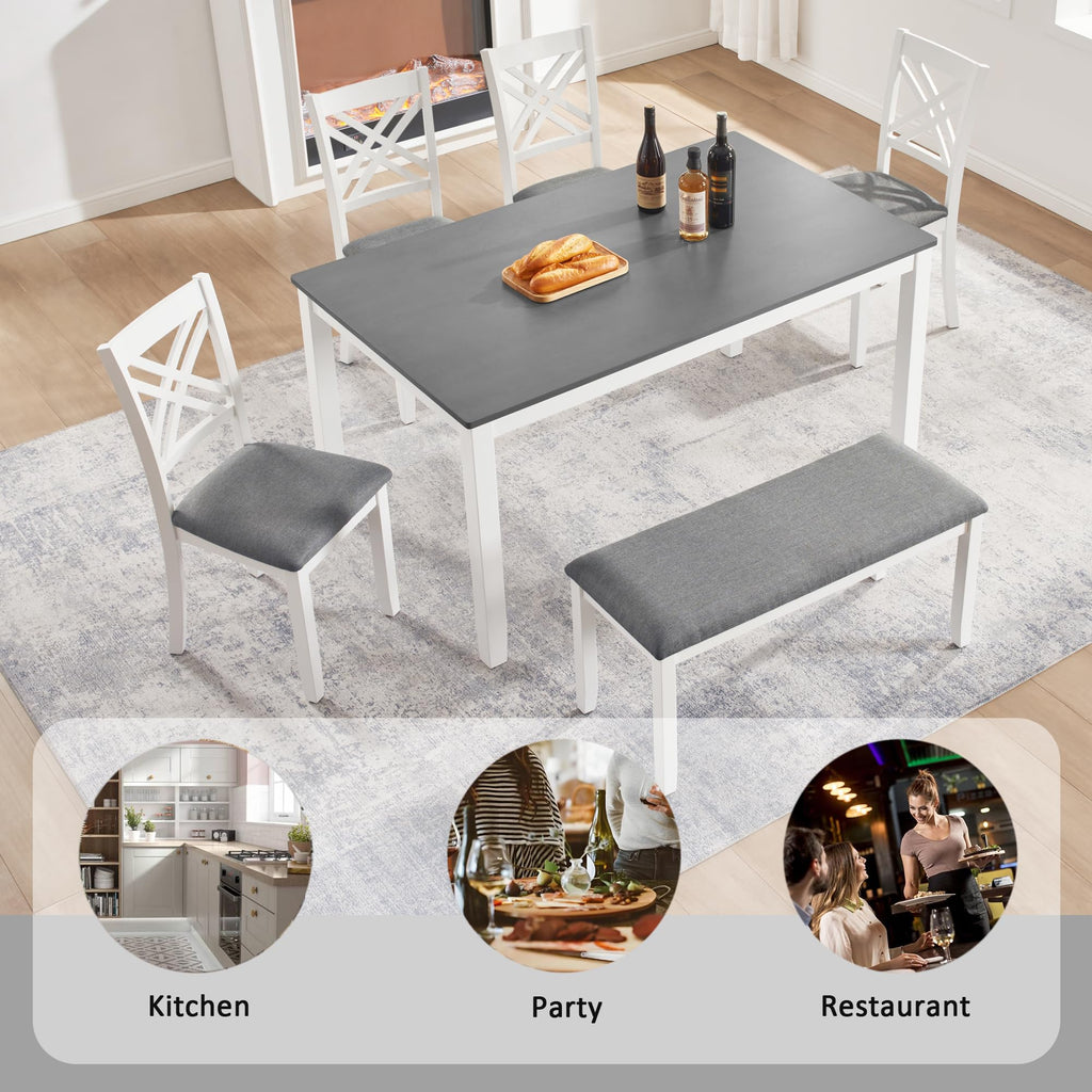 6 Piece Kitchen Dining Set, 58.5" Rectangular Rubber Wood Table with 4 Upholstered Chairs and Bench, Grey & White