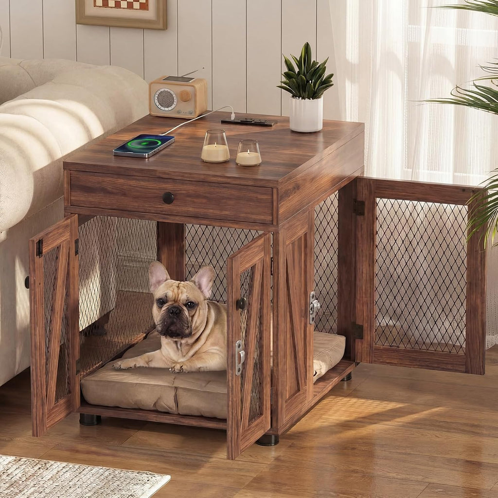 Wooden Dog Crate End Table with USB Charging Station, Walnut