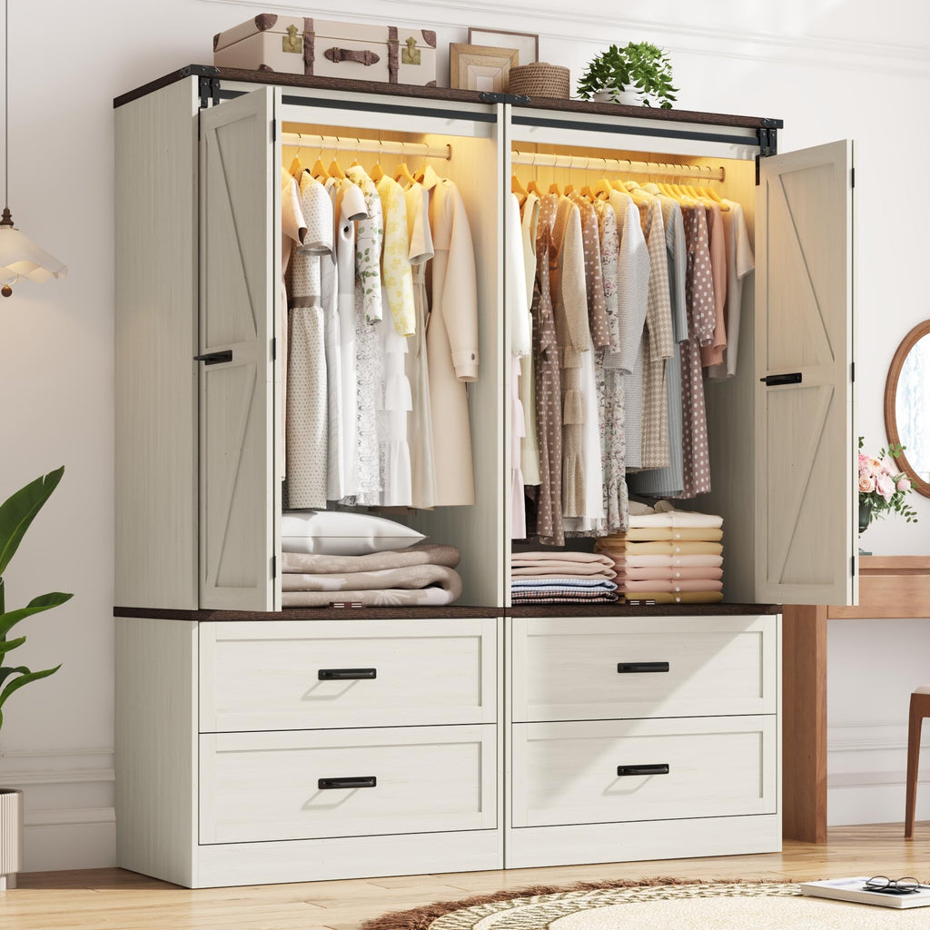Farmhouse Wardrobe Armoire Closet with 4 Doors and 4 Drawers, Antique White