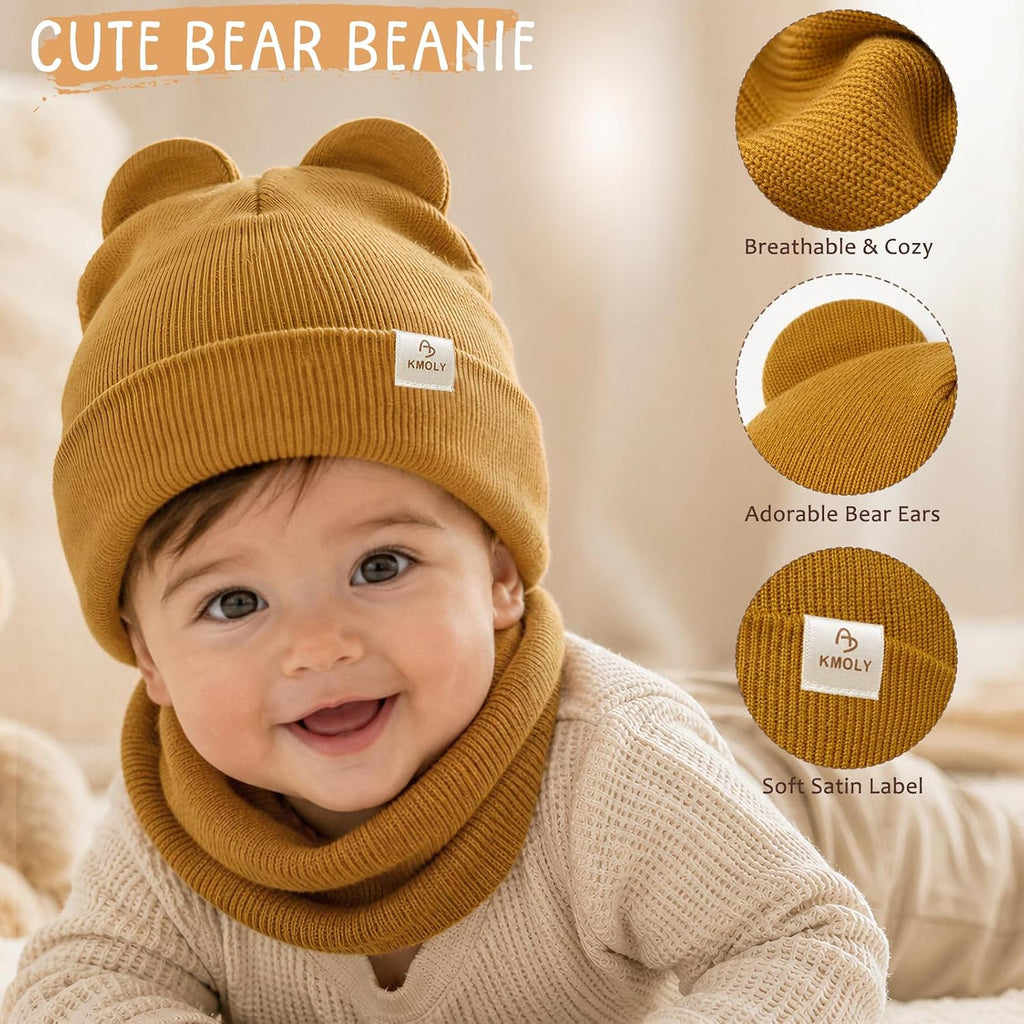 Baby Toddler Winter Beanie Hat Mittens and Neck Warmer with Bear Ear Set