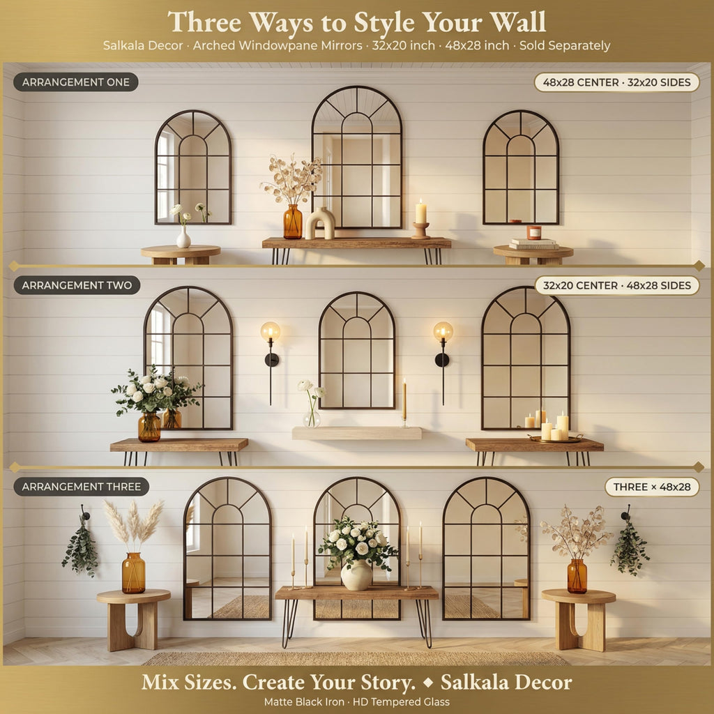 48x28Inch Arched Window Pane Mirror| Black Arched Mirrors for Wall & Floor | Arch Mirror Full Length Living Room &
