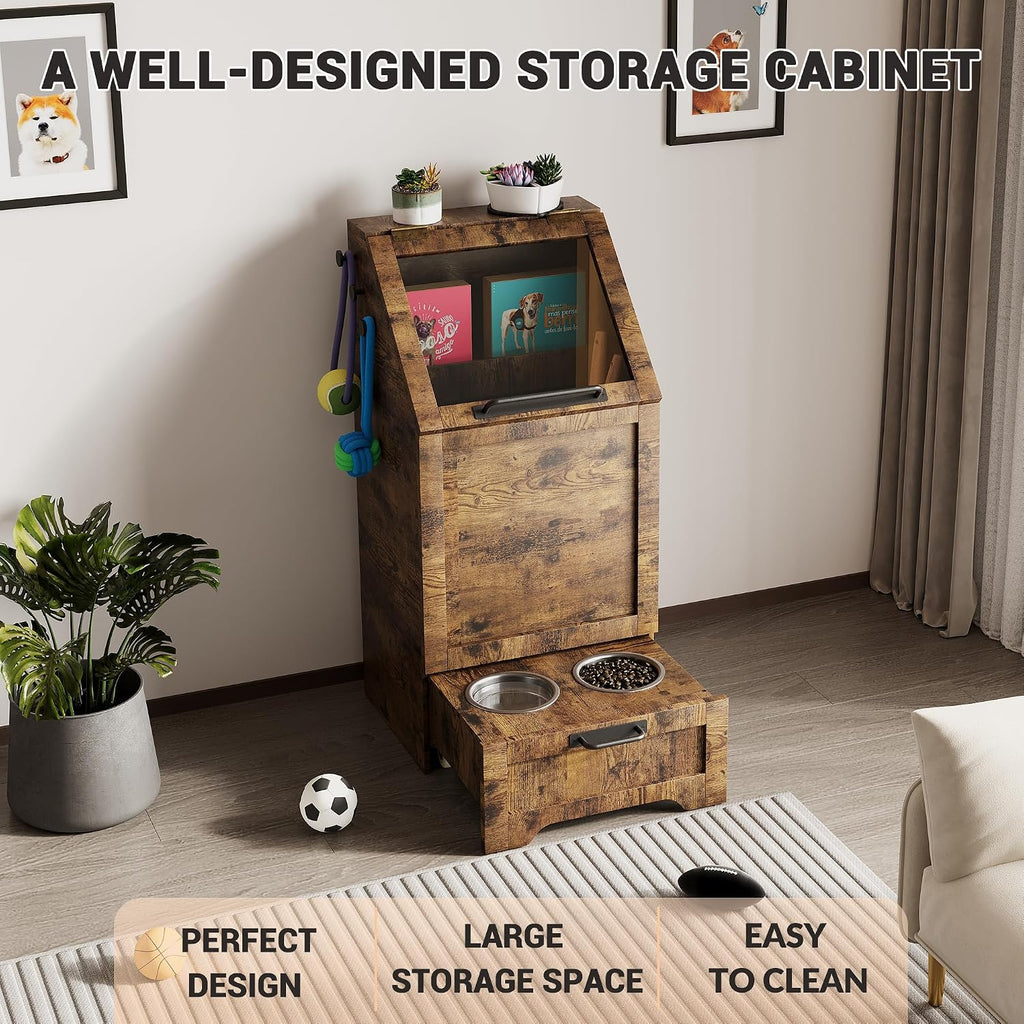 Top Opening Dog Feeding Station, Wooden Dog Food Storage Cabinet with 2 Elevated Dog Bowls, 3 Hooks, Hidden Design