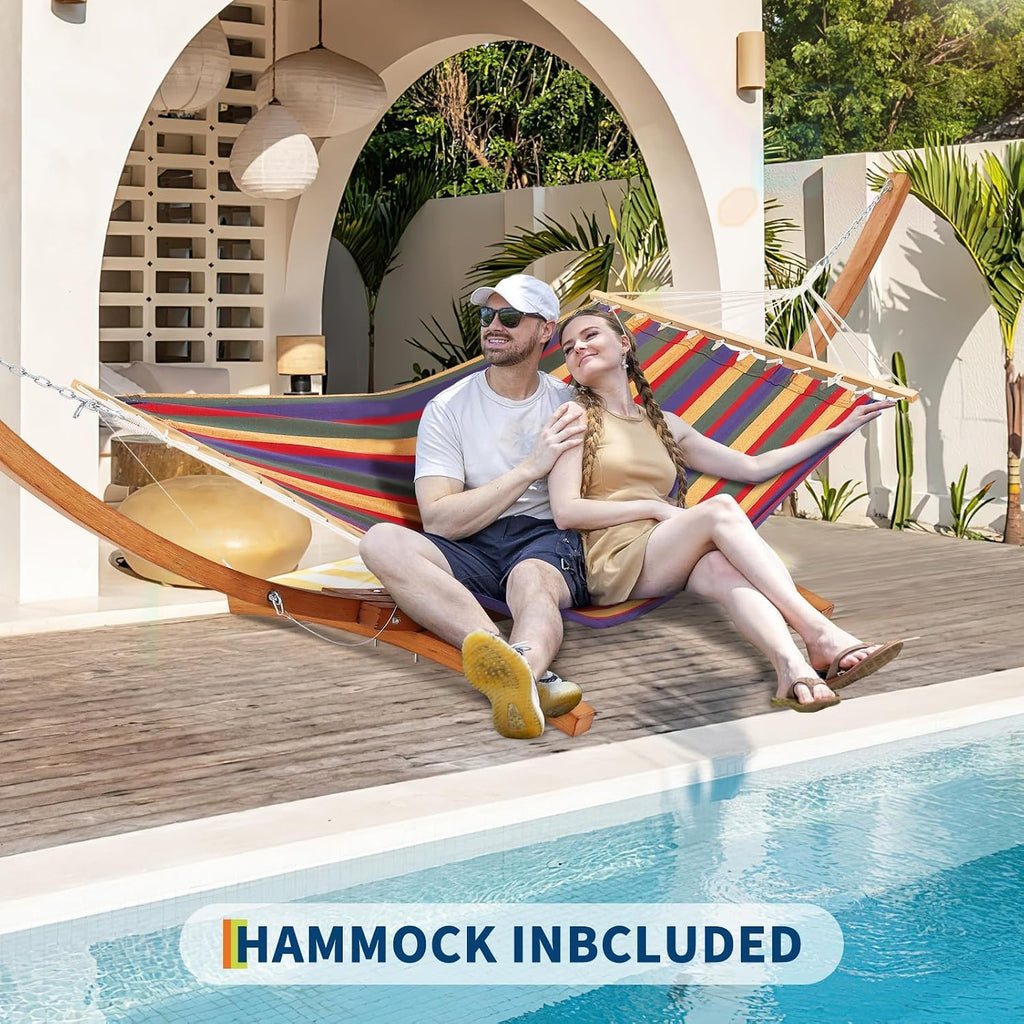 Wooden Curved Hammock Stand with Canvas Fabric Hammock | 475 LBS Heavy Duty Anti-Tipping Frame, Rainproof & Quick