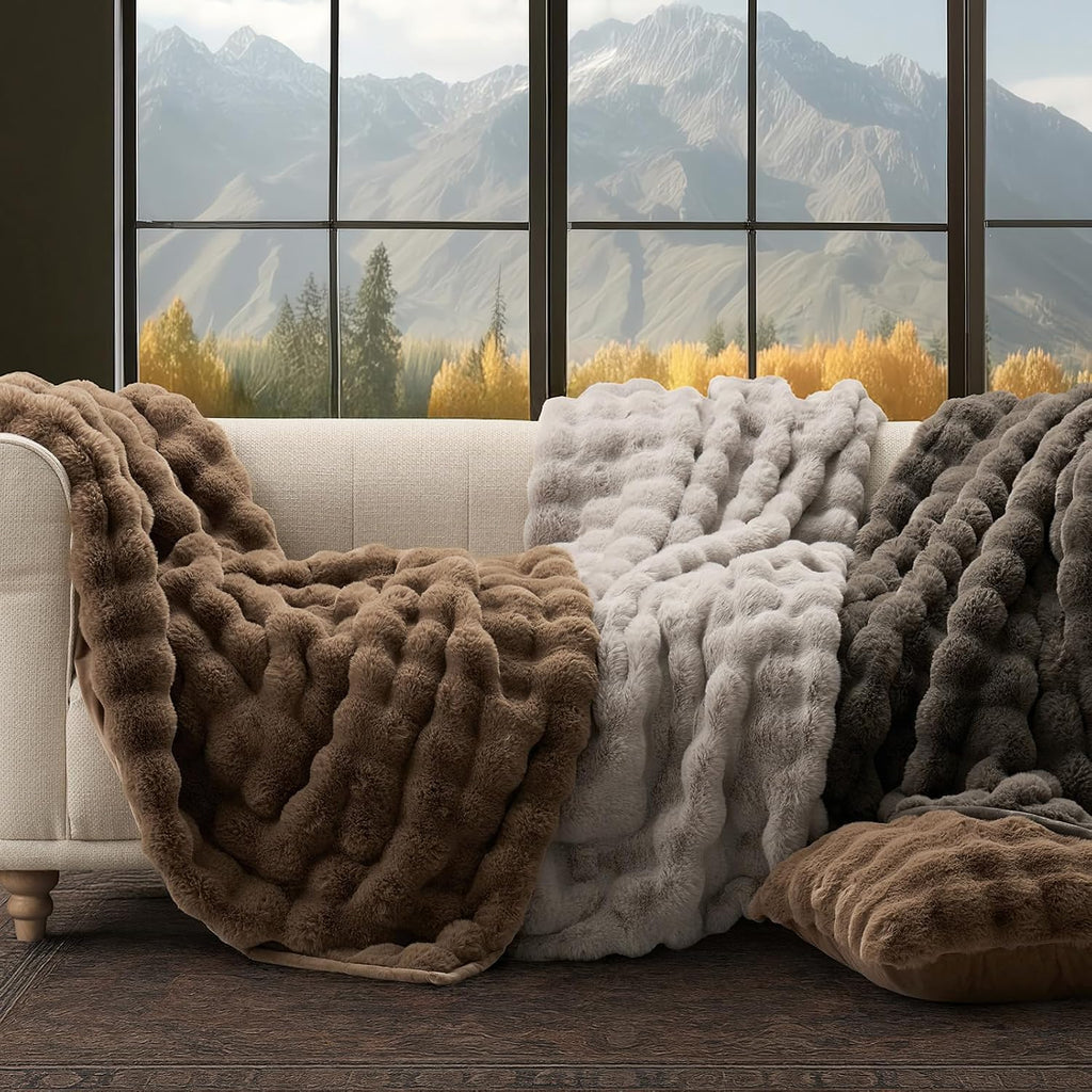 Faux Rabbit Fur Bubble Throw Blanket, 60"x80", Natural Tan | Ultra Soft, Luxury Faux Rabbit Fur Throw, Thick Warm